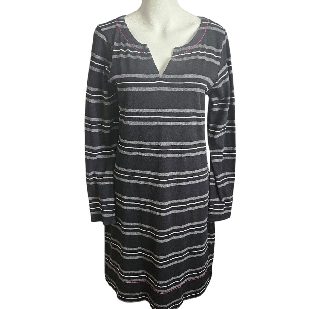 Hatley Dress Womens M Black Gray Stripe T-Shirt Long Sleeve Pullover V-Neck Knit